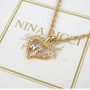 Authentic NINA RICCI Heart Rhinestone NR Logo Necklace Plating